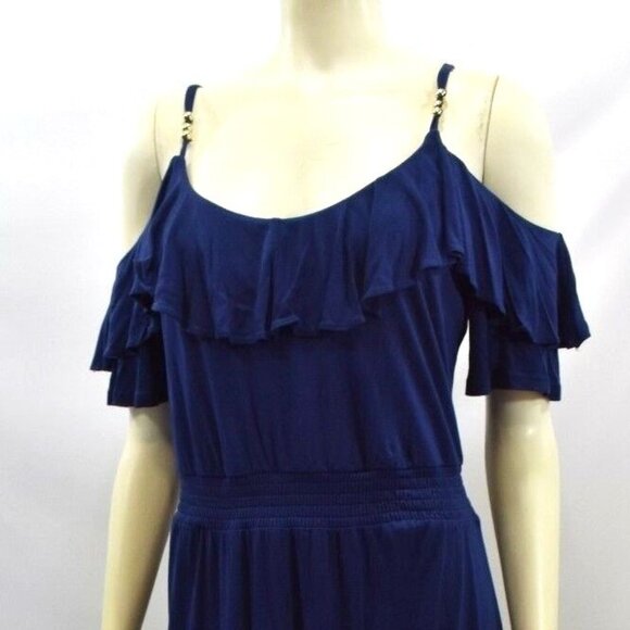 Michael Kors Women's Cold-shoulder Ruffle Stretch Maxi Dress Navy Blue Size L - Picture 8 of 9